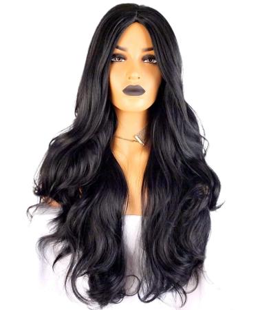 Long black wig Costume wig for women 30 in wig Wavy Curly 29.5 inches Wigs Natural Black Heat Resistant Fiber Side Part Women Synthetic Hair Side Part Wigs for white Women (Black)