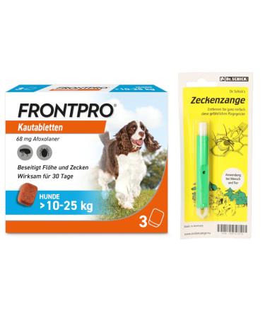 FRONTPRO chewable tablets for dogs 10-25 kg 3-month pack to protect against ticks and fleas with tick tweezers: Protects for up to 3 months