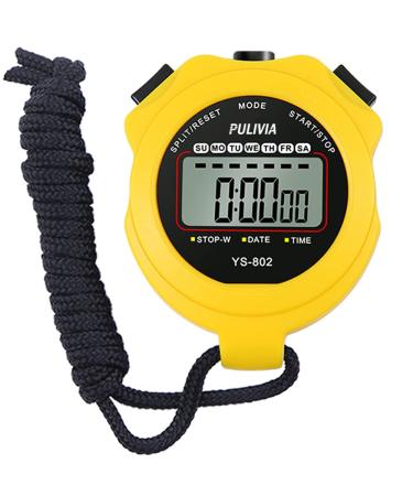 PULIVIA Stopwatch Sport Timer Lap Split Digital Stopwatch with Clock Calendar Alarm, Large Display Shockproof Stopwatch for Coaches Swimming Running Sports Training 1 lap/split-Yellow