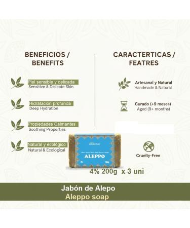  TERRA AMAZONAS Aleppo Soap 200g x pack 3 (600g - 4%) | Natural handcrafted and vegan | Gentle care for sensitive skin - Buy Online on GoSupps.com