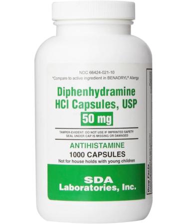 Diphenhydramine HCl 50mg 1000 Capsules, Allergy Relief, Cold & Cough - Compare to BENADRYL - Buy Online on GoSupps.com