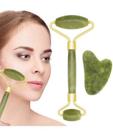 2 pieces Jade Roller and Gua Sha Jadewalze Face roller Jade scooter for face and mask brush facial massage device face massage device for face eyes neck compensation tight massage
