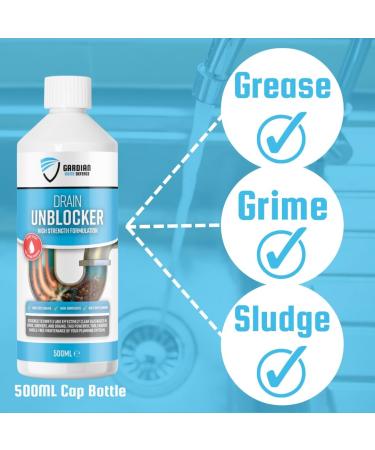 Gardian Drain Unblocker - 500 ml High Strength Drain Cleaner to Effectively Dissolve Clogs on Sinks Showers and Drains - Safe Non-Corrosive Easy-to-Use Drain and Sink Unblocker Liquid - Buy Online on GoSupps.com