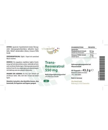 Buy 3 Pack Vita World Trans-Resveratrol 550mg - Premium Vegan Capsules from Japanese Knotweed - 180 Vegan Capsules - International Shipping Available - Buy Online on GoSupps.com