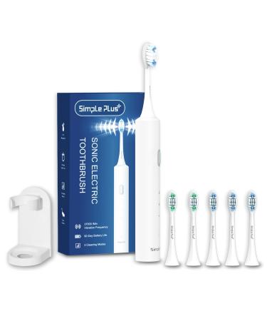 Simple Plus+ Ultrasonic Electric Toothbrush with 5 Brush Heads Replacement, Rechargeable Toothbrush for Adults, 90 Days 37000VPM,3 Modes with 2 Minutes Smart Timer, Ultrasonic Toothbrushes