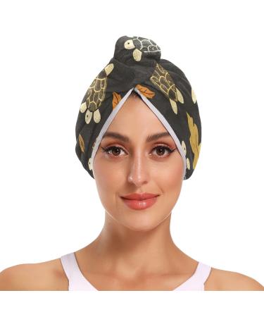 Turtle and Leaf Hair Towel 2 Pack Super Absorbent Hair Drying Towel Quick Dry Hair Turbans Head Towel with Button Twisty Wrap for Women Girls