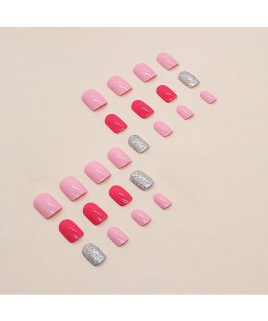 Short False Nails - Cute Red & Pink Square Press On Nails with Silver Glitter | 24 Pcs Acrylic Stick On Nails for Women & Girls - Buy Online on GoSupps.com