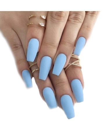 Belicey Press on Matte Nails Blue Coffin Nail Medium False Nails Full Cover Acrylic Nails Tips for Women Girls 24PCS(SKY Blue)