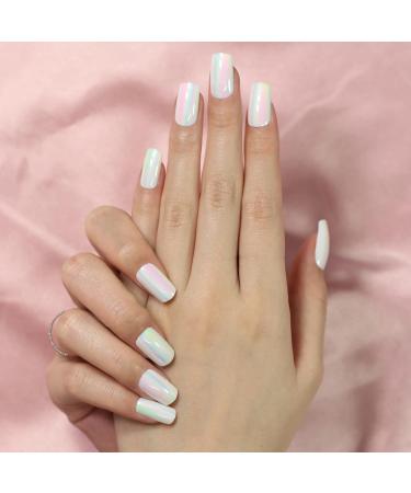 Aurora Medium Square Press-On Nails - Holographic Acrylic Full Cover Fake Nails for Weddings & Daily Wear - 24pcs Kit - Buy Online on GoSupps.com
