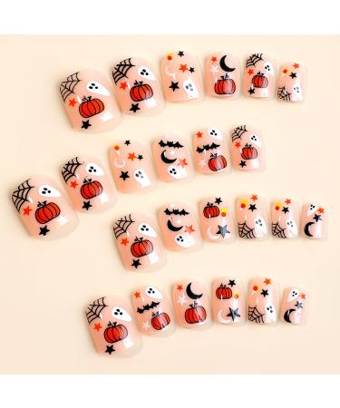 Spooky Halloween Press On Nails - Short Square Acrylic Nails with Ghost Pumpkin Bat & Gothic Designs | Full Cover False Nails for Women & Girls - Buy Online on GoSupps.com