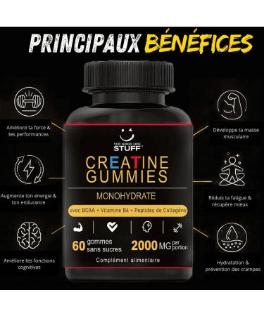Creatine Monohydrate Gummies 2g/BCAA Pre Workout/Collagen/Vitamin B6/Bodybuilding/Sport/Fitness/Vegan/Gluten Free/Non-GMO/Sugar Free/Natural Red Fruit Flavoring/Women/Men/60 Gums Creatine/30 days - Buy Online on GoSupps.com