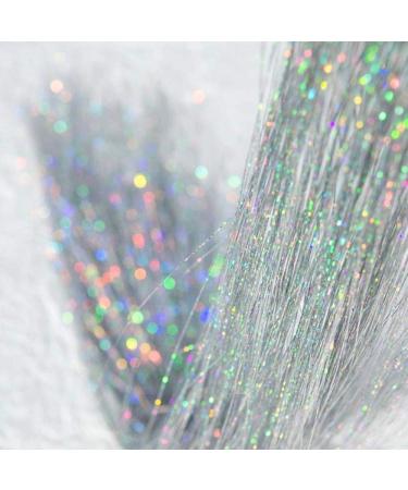 Hair Tinsel Extensions 250 Strads Fairy Holographic Sparkle Woman Hair Glitter Synthetic Tinsel Straight Hair Accessories for Women Girls Hair Decoration (Silver) 250 Silver