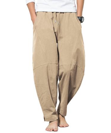AUDATE Men's Pants Cotton Linen Pants Elastic Waist Beach Pants Harem Pants Yoga Pants Casual Pants M Khaki