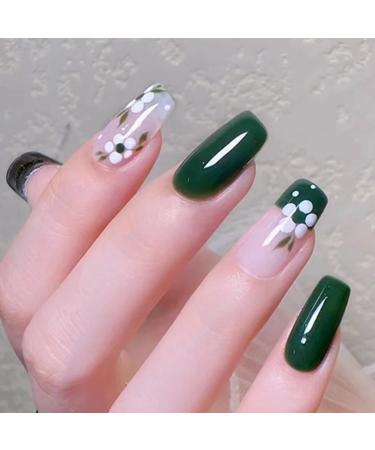 RUNRAYAY Green Medium Press On Nails with Flower Fack Nails for Girls Acrylic Press On Nails for Women and Girls