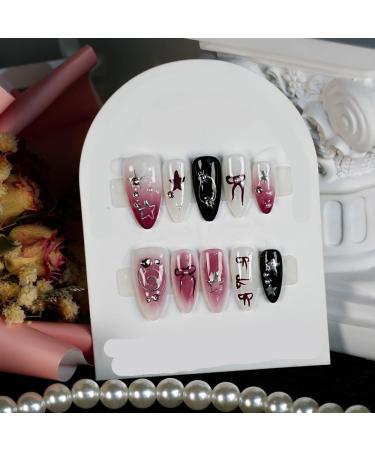 10Pc Blush Powder Almond False Nails Relief Hand drawn Bow Star Design Press on Nails Handmade Full Cover False Nail Tips(Color:11 Size:M)