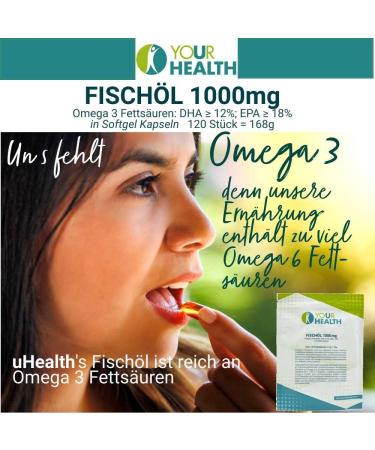 uHealth Fish Oil 1000 mg - Omega 3 Capsules with DHA & EPA - 120 Softgels for Heart & Joint Health - Buy Online on GoSupps.com