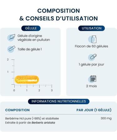 Berberine Pure concentrated 98% - Berberis Aristata extract - 60 capsules of 300 mg - Blood glucose & cholesterol regulated - High grade of Berberine Stabilized Hcl - No Additives & Vegan - Dynveo - Buy Online on GoSupps.com