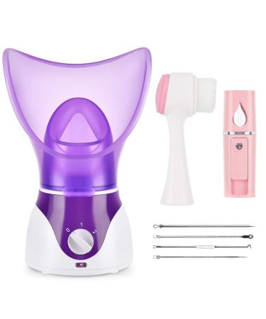 Facial Steamer for Face Nano Facial Mister Sprayer Set, Face Steamer for Facial Deep Cleaning, Portable Mini Face Steamer for Clogged Pore, Sinuses (Include Blackhead Remover Kit, Brush) 7 Piece Set Purple & Pink