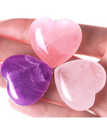 Xianvxi 1.2 "Heartstones amethyst stone rose quartz clear quartz healing crystals heart hate stones large gemstones set 3PC amethyst + rose crystal + clear crystal - Buy Online on GoSupps.com