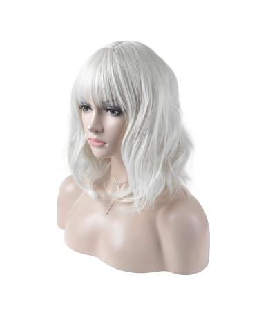 DAOTS 14 Inches Curly Wigs with Bangs for Women Girls Heat Resistant Synthetic Hair Wig (Silver White) 14 Inch (Pack of 1) Silver White