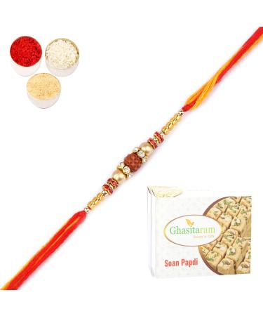 Ghasitaram Gifts Rakhi for Brother Rakhis Online - Nbh-252- Rudraksh Rakhi with 400 GMS of Soan Papdi