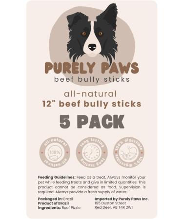 Purely Paws All-Natural Beef Bully Sticks - Safe Digestible Dog Chews - Long-Lasting Low-Odour Rawhide Free - (12" 5 Count) 12" (Pack of 5) - Buy Online on GoSupps.com