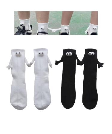 INHLUGLK Magnetic Hand Holding Socks Couple Holding Hands Socks Funny Mid-Tube Socks Magnetic 3D Doll Socks (White+Black)