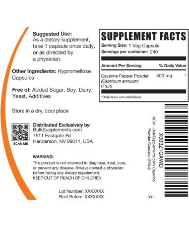 BulkSupplements Cayenne Pepper Capsules - 40000 HU  Capsaicin Supplements  240 Vegan Pills - Buy Online on GoSupps.com