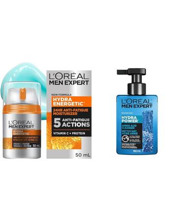 L'Or al Paris Men Expert Hydra Energetic Face Cream with Vitamin C (50ml) + Daily Face Cleanser with Amino Acid (180ml) Hydra Energetic Cream 48mL + Face Cleanser