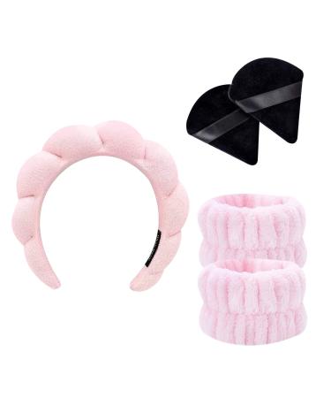 ANQSYY New Spa Headband for Women with 2Pcs Wrist Washband and 2pcs Triangle Makeup Puff Soft absorbent material hair accessories for Washing Face Skincare Makeup Removal Pink