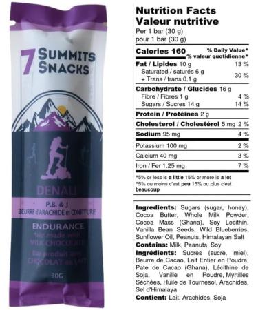 Denali Endurance Bars - 7 Summits Snacks - 16g carbs 10g fats 2g protein - Milk chocolate Peanut butter and wild blueberry bar - 6 Bar Pack - Buy Online on GoSupps.com