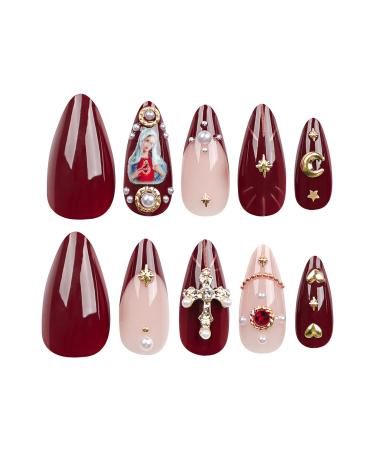 Shop Medium Press on Nails - Almond Acrylic Nails with Gold Burgundy French Tips & 3D Charms - Perfect Glue on Nails for Women - Buy Online on GoSupps.com