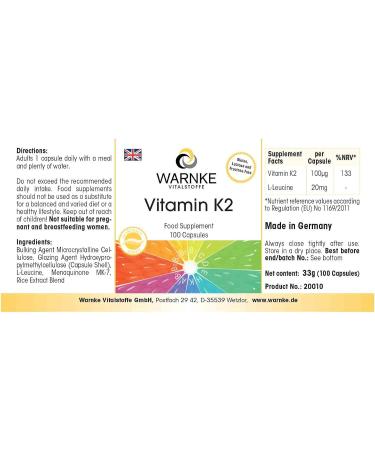 Vitamin K2 100mcg natural menaquinone MK-7 vegetarian - 100 capsules | Warnke Vitalstoffe - Quality from German pharmacies - Buy Online on GoSupps.com