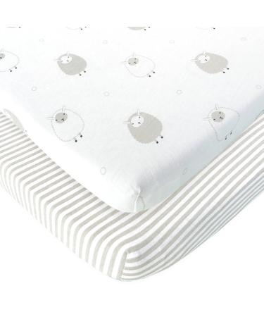 Joey + Joan Pack and Play Sheets Fitted  Compatible with 4moms Breeze Plus Playard & Breeze Go Playard  Fits Up to 30 x 43 Inch Mattress Without Bunching  Grey 2-pack Lamb/Stripes