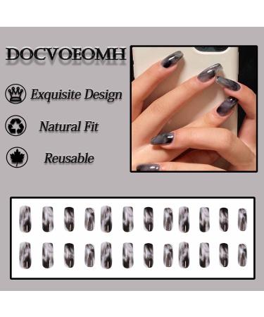 DOCVOEOMH Short Square Black Grey Cool Fake Nails - Fashion Ink Smudge Design, Acrylic Glue on False Nail - 24 PCS Gift Set for Women - Buy Online on GoSupps.com