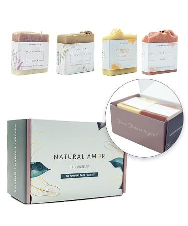 Natural Amor Handmade Soap Bar Gift Set - Organic 4-Pack with Rose, Lavender, Coffee, Orange Essential Oils - Handmade Soap Bar Set for Women & Men - 4.3oz Each - Buy Online on GoSupps.com