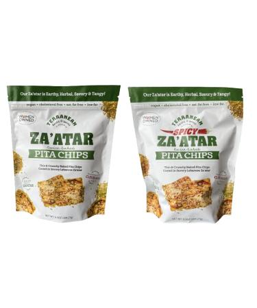 Terranean Herbs & Spices Twice Baked Za'atar Pita Chips (2 Pack) Regular & Spicy Bundle, Thin & Crunchy Baked Pita Chips Coated in Savory Lebanese Zaatar Original & Spicy