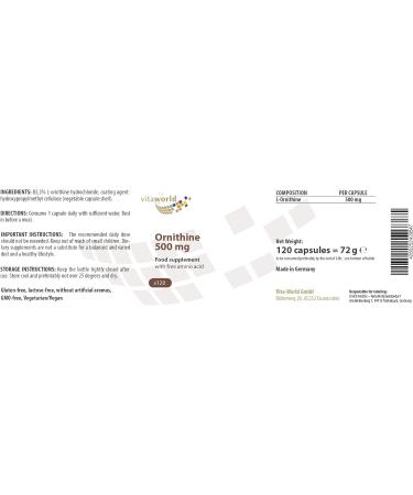 Vita World L-Ornithine 500mg 120 Vegetarian Capsules - Made in Germany - Buy Online on GoSupps.com