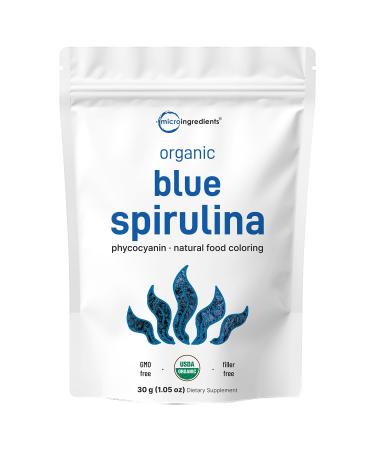 Organic Blue Spirulina Powder (Phycocyanin Extract) 30 Servings - No Fishy Smell 100% Vegan Protein from Blue-Green Algae Natural Luminous Food Coloring for Smoothies Baking Drinks & Cooking 1.06 Ounce (Pack of 1)