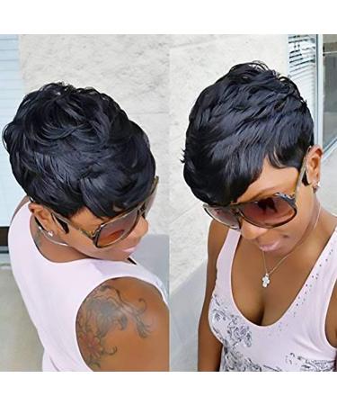 Usexy Human Hair Wig with Bangs Short Human Hair Wigs for Black Women Non Lace Front Wig Full Machine Wigs 150% Density Brazilian Pixie Cut Human Hair (1B)