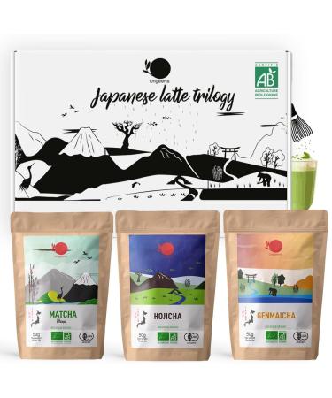 ORIGEENS Matcha LATTE Powder of: Organic Matcha Tea Organic Hojicha Tea Organic Genmaicha Tea 3 x 50 g Matcha Tea