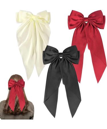 GWAWG 3Pcs Big Bow Hair Clip French Hair Clip Big Bowknot Hairpin with Long Silky Satin Solid Color Tail White and Black and Red for Women Girls Barrettes Hair Fastener Accessories - Buy Online on GoSupps.com