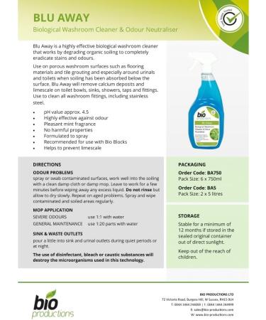 Eco & Biological Washroom Cleaner - Odour Killer - 5 Ltr - Bio Productions BLU AWAY - Buy Online on GoSupps.com