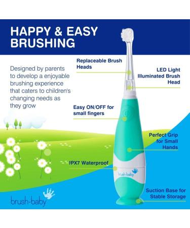 Brush Baby BabySonic Electric Toothbrush for Ages 0-3 - Gentle Vibration, Smart LED Timer - 2 Sensitive Brush Heads - Teal - Buy Online on GoSupps.com