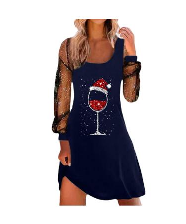 Women Fashionable Square Neck Skirt Mesh Splicing Sleeves Loose Dress Casual Dress for Women Summer Blue Small