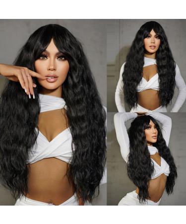 Allbell Long Black Wigs with Bangs Wavy Wig Water Wavy Synthetic Wigs for Women