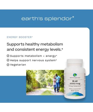 Earth's Splendor Vitamin B12 Energy Supplements - Gluten Free, No Artificial Color or Flavor, 1000mcg 200 Tablets - Energy Metabolism Support - Buy Online on GoSupps.com