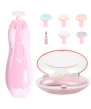 Baby Nail File 6 in 1 Safety Cutter Trimmer Clipper with LED Front Light - Safe and Quiet Baby Nail Trimmer for Newborn Toddler Toes and Fingernails Trim and Polish (Pink)