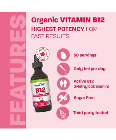 Certified Organic Vitamin B12 5000mcg Drops Methylcobalamin 50 Servings Land Art - Vegan - Sugar Free Maximum Absorption Made in Canada - Buy Online on GoSupps.com