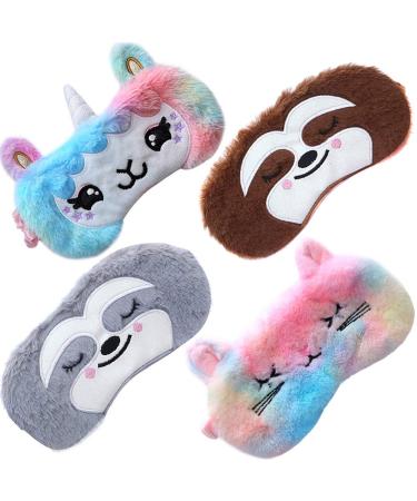 4 Pack Unicorn Sleeping Mask for Girls Soft Plush Blindfold Cute Unicorn Horn Alpaca Cat Sloth Sleep Masks Eye Cover Eyeshade for Kids Teens Women Plane Travel Nap Night Sleeping